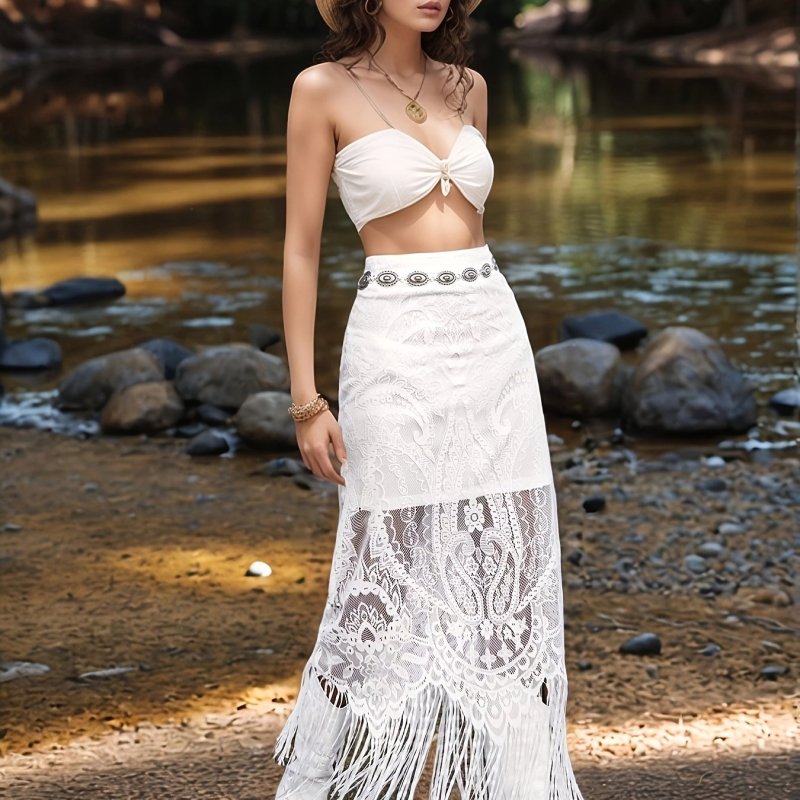 ✨ Elegant Lace Geometric Skirt | High-waisted slim fit with side slit, delicate openwork design. Versatile for all seasons, stylish casual and formal wear