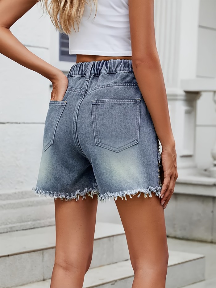 Women'S Rubber Waistband Double-Layer Scalloped Studded Inlaid Punk Style Denim Shorts