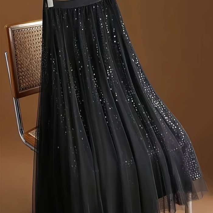 Elegant And Fashionable Sequin Mesh Skirt, High-Waisted Midi A-Line Skirt, Nian Nian Directional