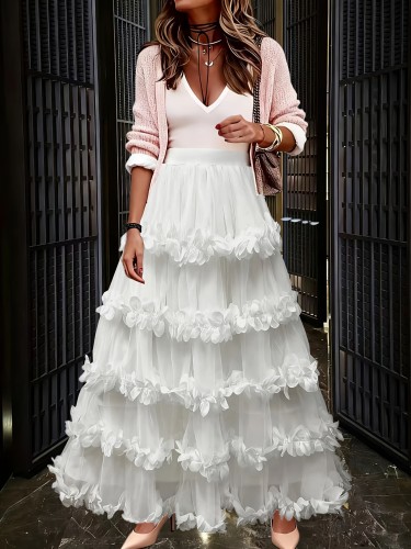 ✨ White Petal Lace A-Line Skirt, elegant flowy design, versatile for casual and formal wear.