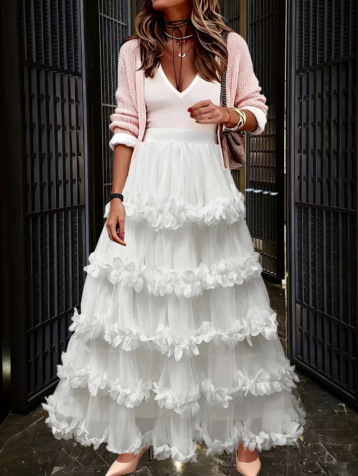 ✨ White Petal Lace A-Line Skirt, elegant flowy design, versatile for casual and formal wear.