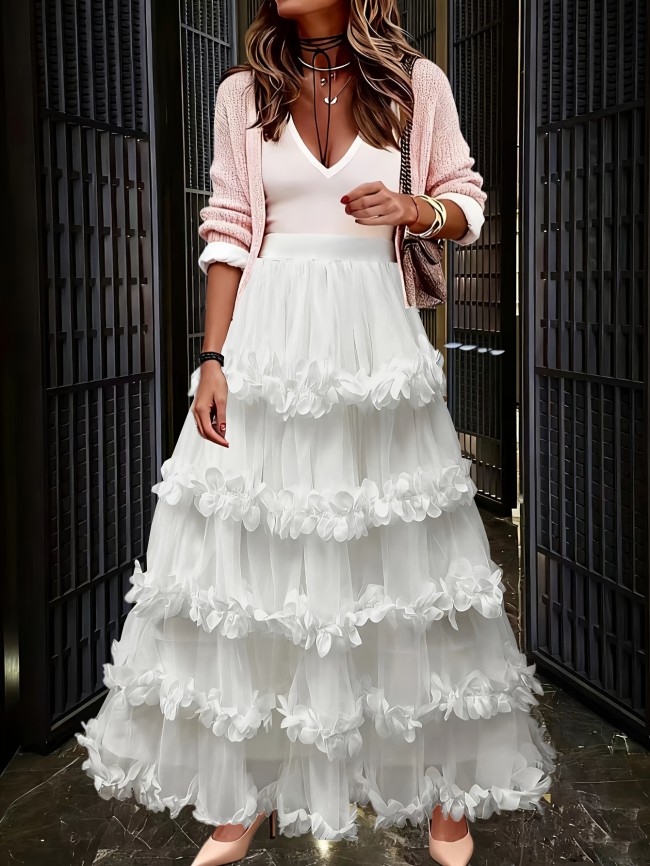 ✨ White Petal Lace A-Line Skirt, elegant flowy design, versatile for casual and formal wear.