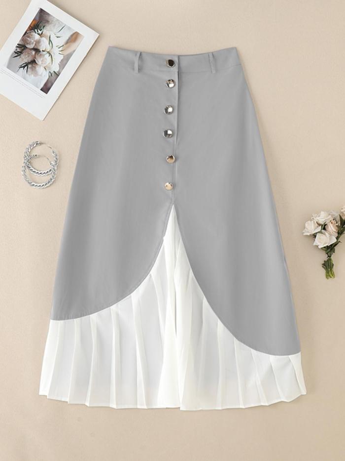 ✨Plus Size Color Block A-Line Skirt, with front buttons and pleated hem, elegant and versatile for daily wear.