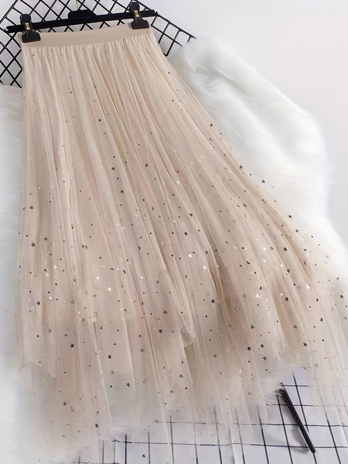 ✨Korean Sequin Mesh Skirt, high-waisted A-line with irregular hem