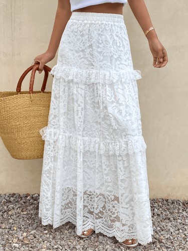 French-Style White Lace Layered Long Skirt, Women's Elastic Waist Ruffled Half Skirt, Essential for Summer Beach Vacations