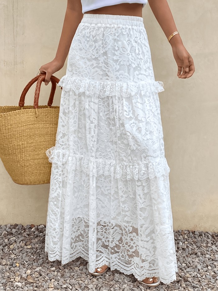 French-Style White Lace Layered Long Skirt, Women's Elastic Waist Ruffled Half Skirt, Essential for Summer Beach Vacations