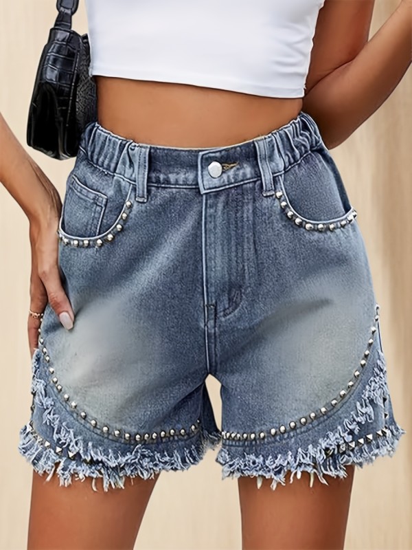 Women'S Rubber Waistband Double-Layer Scalloped Studded Inlaid Punk Style Denim Shorts