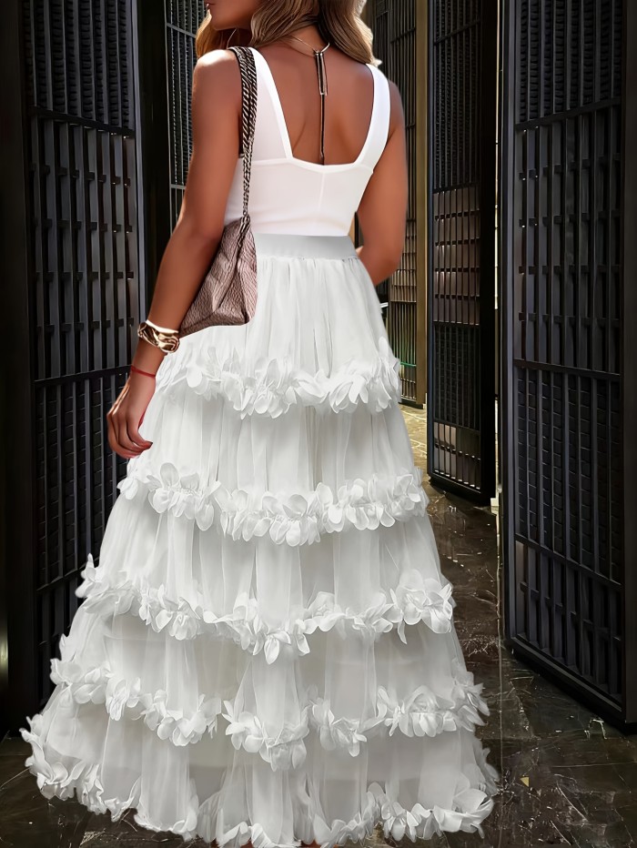 ✨ White Petal Lace A-Line Skirt, elegant flowy design, versatile for casual and formal wear.