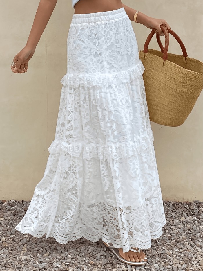 French-Style White Lace Layered Long Skirt, Women's Elastic Waist Ruffled Half Skirt, Essential for Summer Beach Vacations