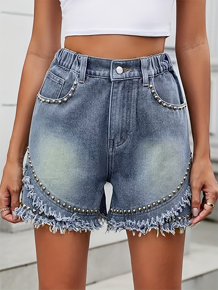 Women'S Rubber Waistband Double-Layer Scalloped Studded Inlaid Punk Style Denim Shorts