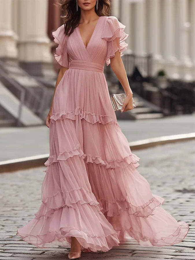 Pink Chiffon V-neck Layered Ruffle Maxi Dress