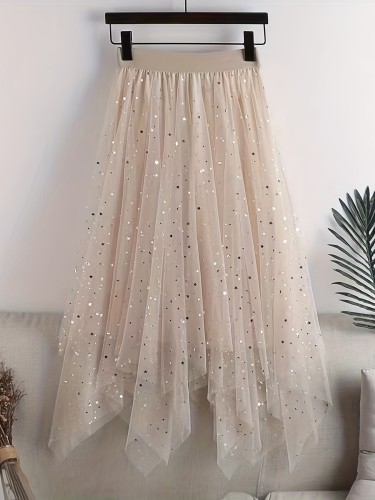 ✨Korean Sequin Mesh Skirt, high-waisted A-line with irregular hem