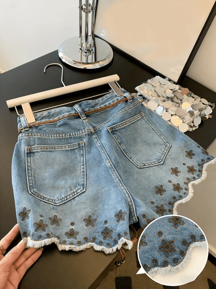 ✨ Light blue vintage denim shorts, bohemian floral embroidery, frayed hem, loose wide fit for summer casual wear.