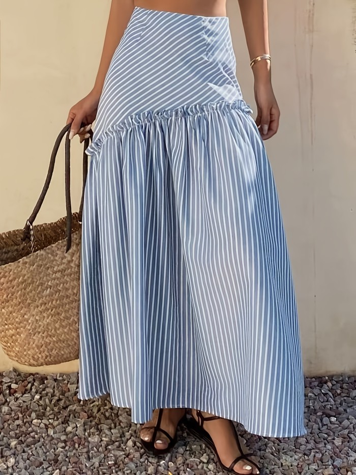 WY260204044 Lingshan Directional Blue and White Striped Ruffle Hem Midi Skirt, and Versatile