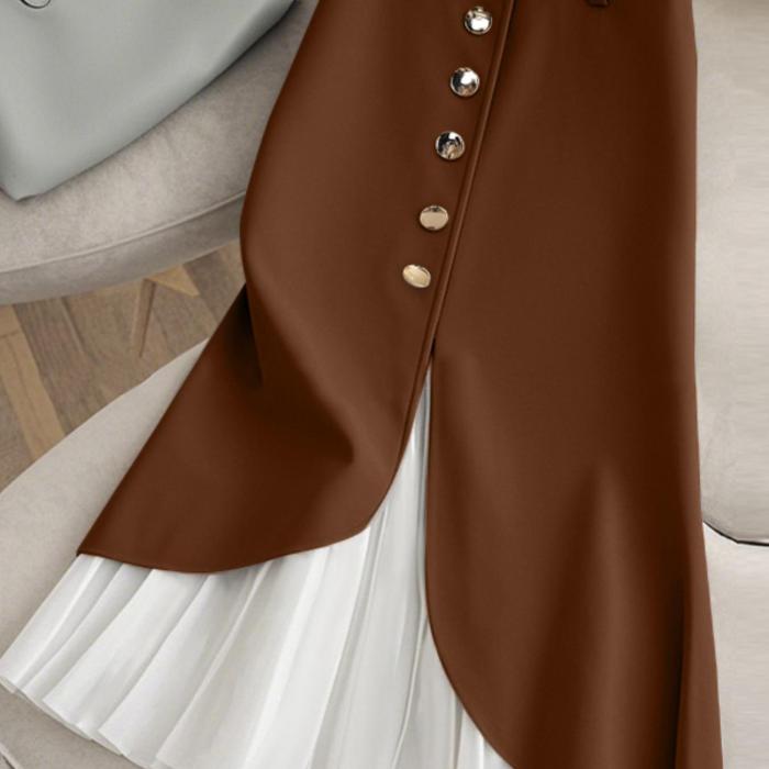 ✨Plus Size Color Block A-Line Skirt, with front buttons and pleated hem, elegant and versatile for daily wear.