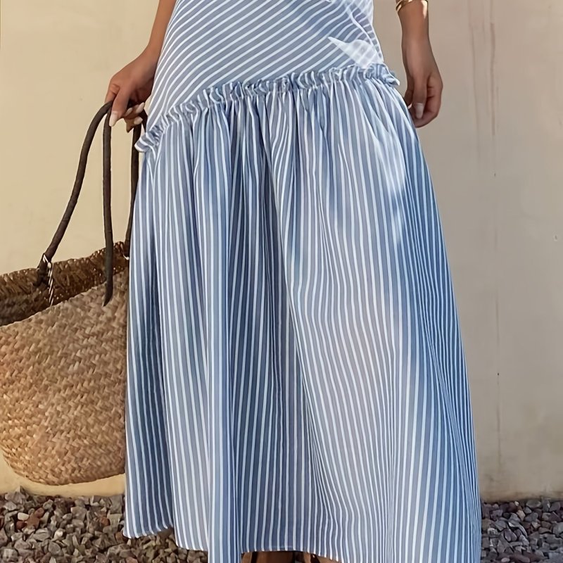 WY260204044 Lingshan Directional Blue and White Striped Ruffle Hem Midi Skirt, and Versatile