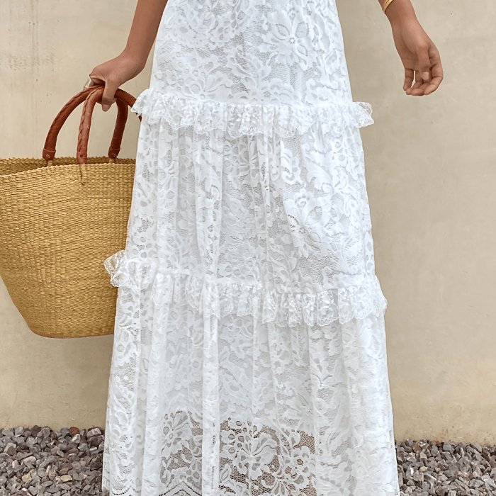 French-Style White Lace Layered Long Skirt, Women's Elastic Waist Ruffled Half Skirt, Essential for Summer Beach Vacations