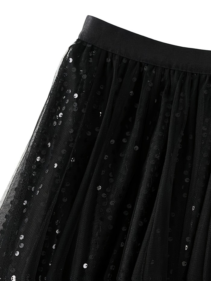 Elegant And Fashionable Sequin Mesh Skirt, High-Waisted Midi A-Line Skirt, Nian Nian Directional