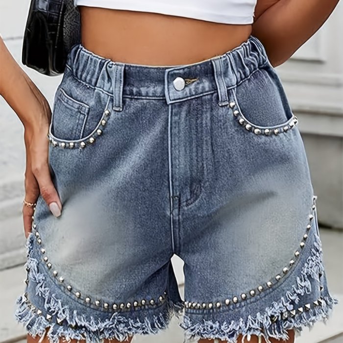Women'S Rubber Waistband Double-Layer Scalloped Studded Inlaid Punk Style Denim Shorts