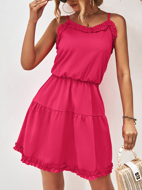 Solid Color Falbala Sleeveless Loose Spaghetti-Neck Mini Dresses