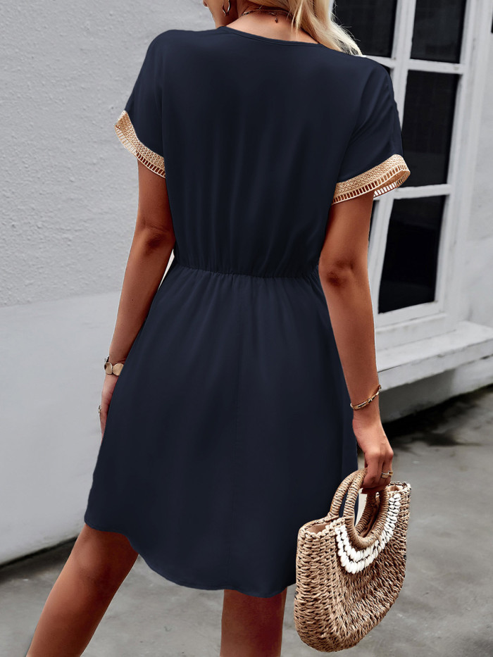 Tied Tasseled Split-Joint Hollow Drawstring Contrast Color Short Sleeves Loose V-Neck Mini Dresses