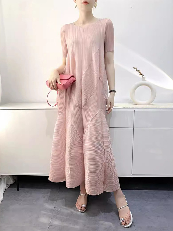 Split-Joint Solid Color Pleated Short Sleeves Loose V-Neck Midi Dresses