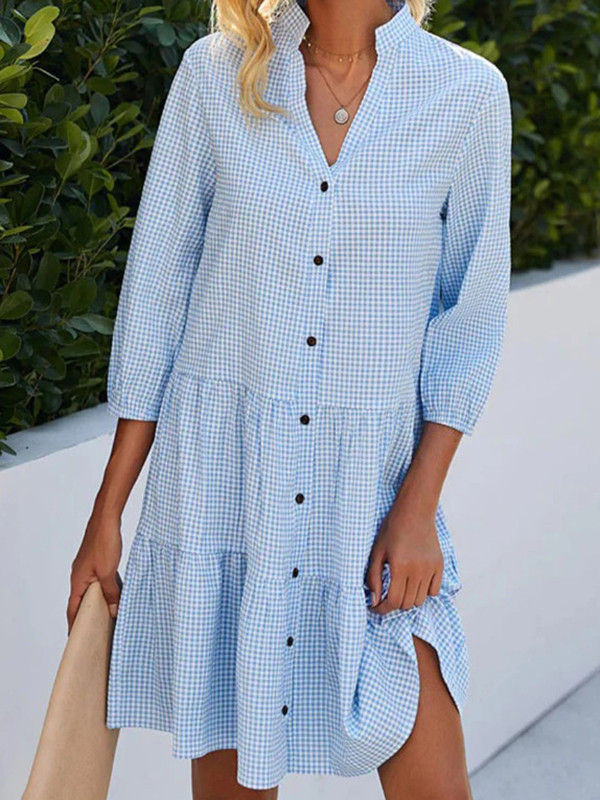 Split-Joint Plaid Buttoned Three-Quarter Sleeves Loose V-Neck Shirt Dress Mini Dresses