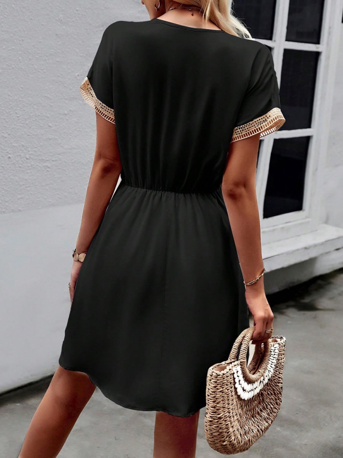 Tied Tasseled Split-Joint Hollow Drawstring Contrast Color Short Sleeves Loose V-Neck Mini Dresses