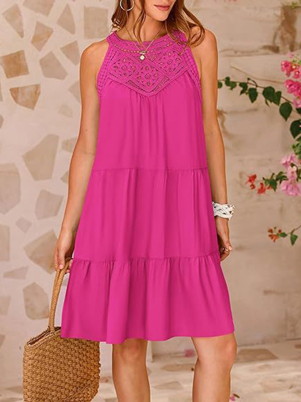 Split-Joint Solid Color Pleated Hollow Sleeveless Loose Round-Neck Mini Dresses
