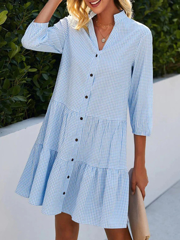 Split-Joint Plaid Buttoned Three-Quarter Sleeves Loose V-Neck Shirt Dress Mini Dresses