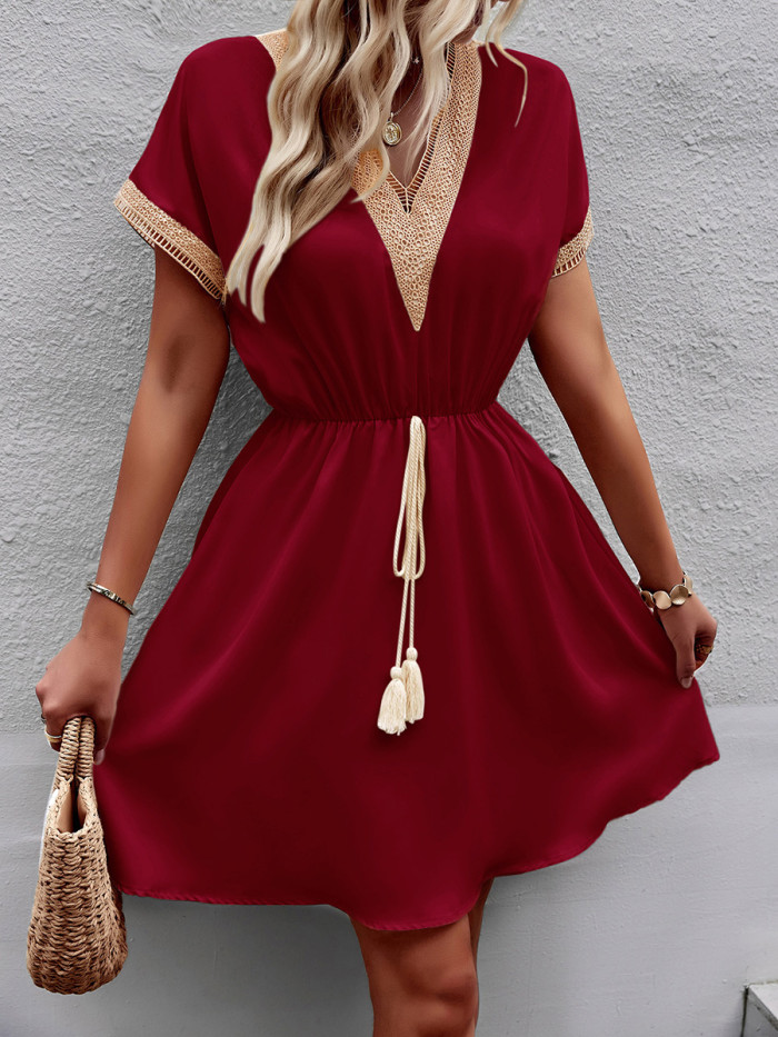 Tied Tasseled Split-Joint Hollow Drawstring Contrast Color Short Sleeves Loose V-Neck Mini Dresses