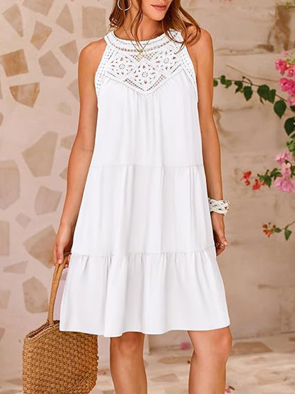 Split-Joint Solid Color Pleated Hollow Sleeveless Loose Round-Neck Mini Dresses