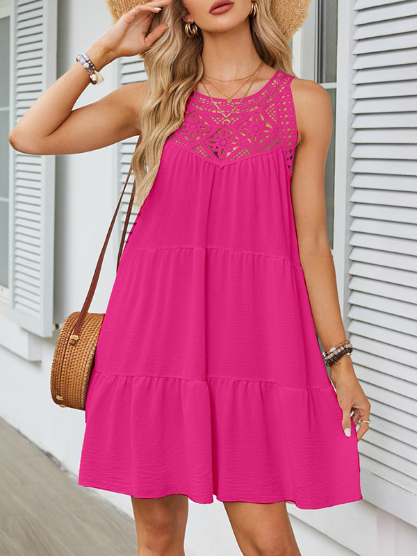 Split-Joint Solid Color Pleated Hollow Sleeveless Loose Round-Neck Mini Dresses