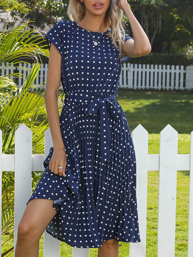 Tied Waist Split-Joint Polka-Dot Pleated Contrast Color Buttoned Cap Sleeve A-Line Round-Neck Midi Dresses