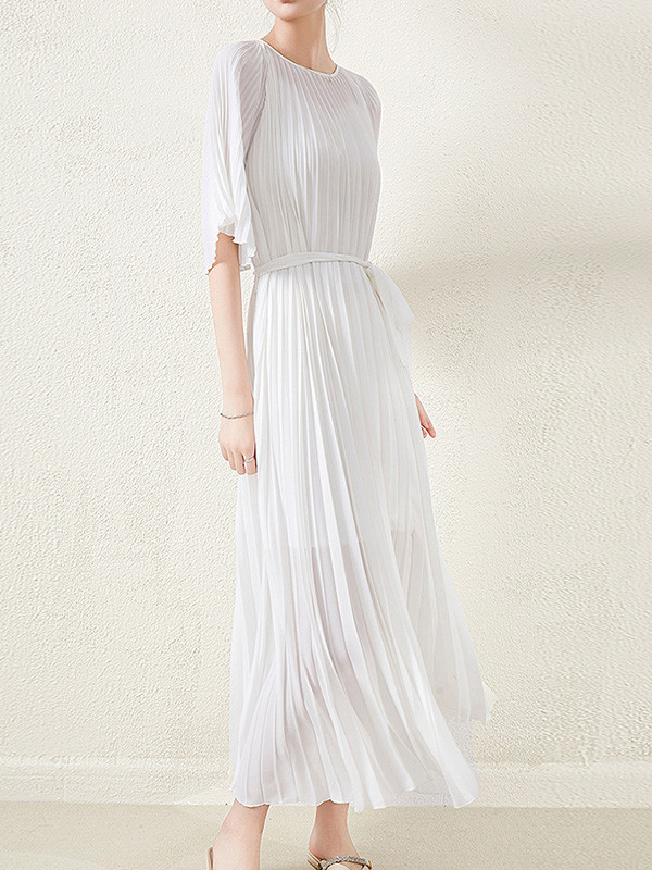 Loose Pleated With Waistband Solid Color Round-Neck Maxi Dresses