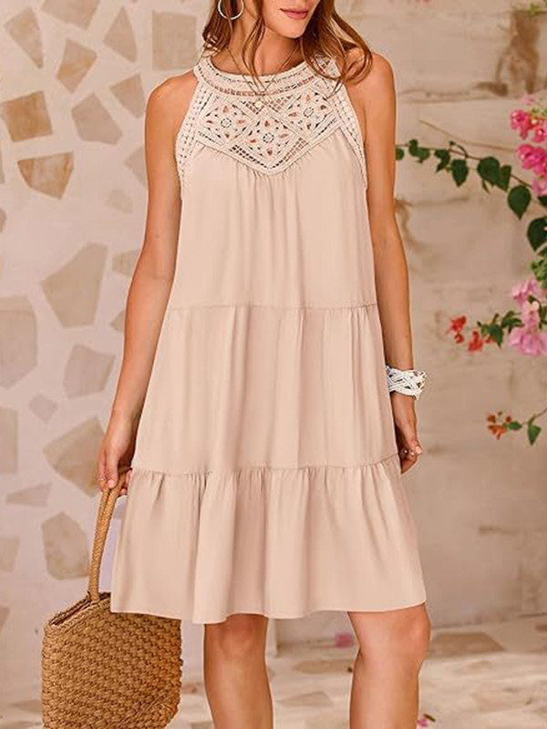 Split-Joint Solid Color Pleated Hollow Sleeveless Loose Round-Neck Mini Dresses