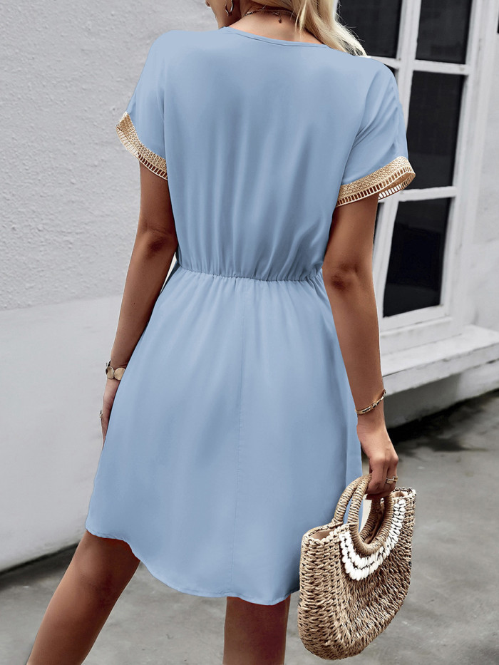 Tied Tasseled Split-Joint Hollow Drawstring Contrast Color Short Sleeves Loose V-Neck Mini Dresses