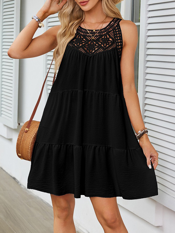 Split-Joint Solid Color Pleated Hollow Sleeveless Loose Round-Neck Mini Dresses