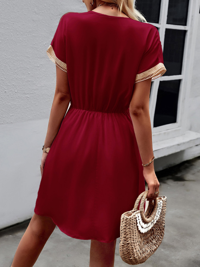 Tied Tasseled Split-Joint Hollow Drawstring Contrast Color Short Sleeves Loose V-Neck Mini Dresses