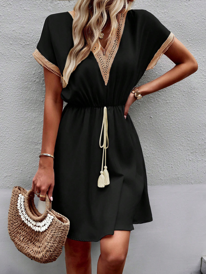 Tied Tasseled Split-Joint Hollow Drawstring Contrast Color Short Sleeves Loose V-Neck Mini Dresses