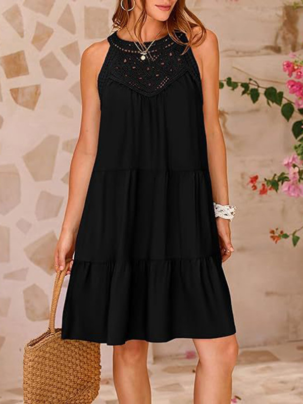 Split-Joint Solid Color Pleated Hollow Sleeveless Loose Round-Neck Mini Dresses