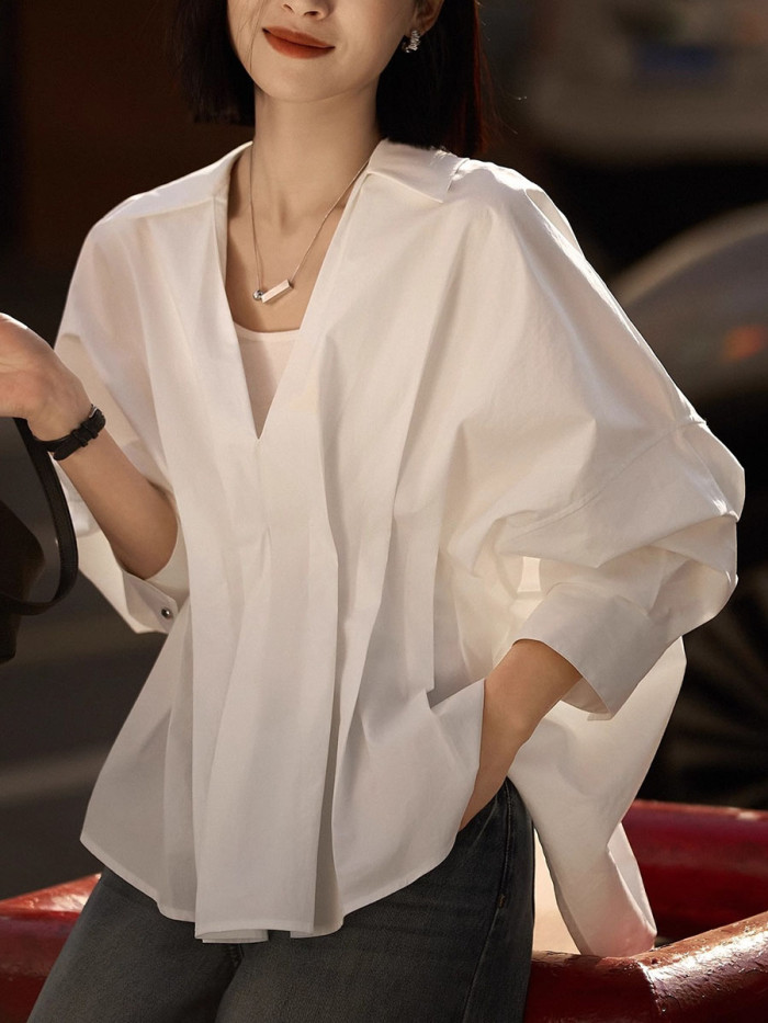 Split-Joint Solid Color Pleated Puff Sleeves Loose Lapel Blouses&Shirts Tops