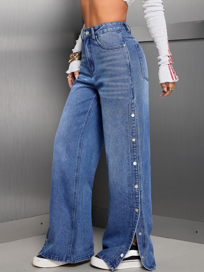 Solid Color Pockets Buttoned Wide Leg High Waisted Jean Pants Bottoms