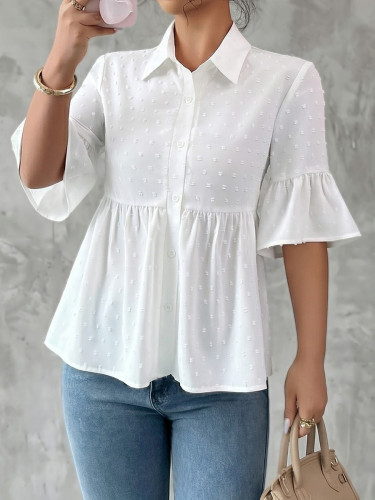 Solid Color Pleated Jacquard Buttoned Loose Half Sleeves Lapel Blouses&Shirts Tops