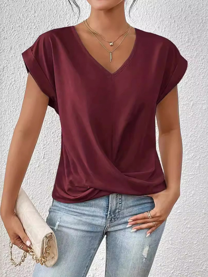 Solid Color Pleated Short Sleeves Plus Size V-Neck T-Shirts Tops
