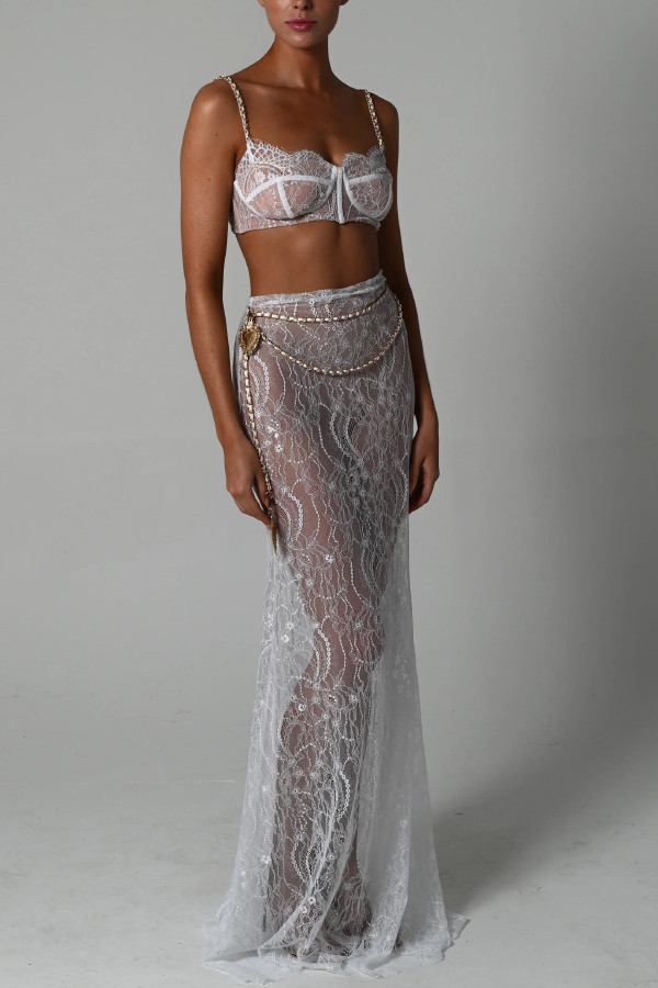 Stylish Lace Camisole Bra Top and Vacation See-through Maxi Fishtail Skirt Set