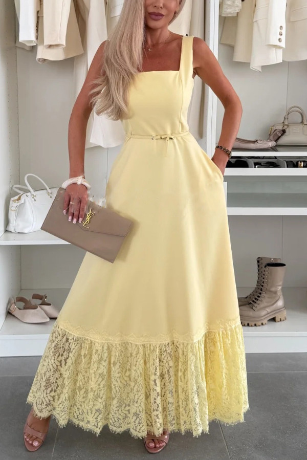 Solid Color Square Neck Sleeveless Fitted Wst Elegant Lace Hem Maxi Dress