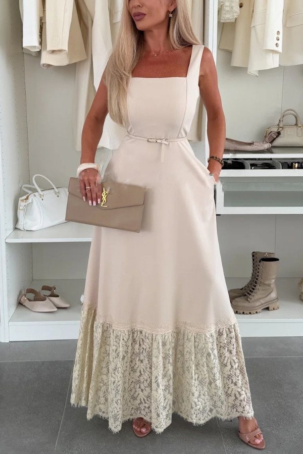 Solid Color Square Neck Sleeveless Fitted Wst Elegant Lace Hem Maxi Dress