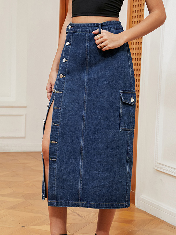 Split-Front Pockets Buttoned Loose Denim Skirts Bottoms