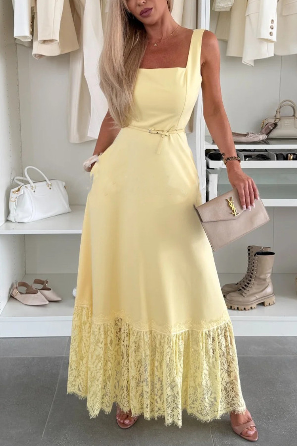 Solid Color Square Neck Sleeveless Fitted Wst Elegant Lace Hem Maxi Dress